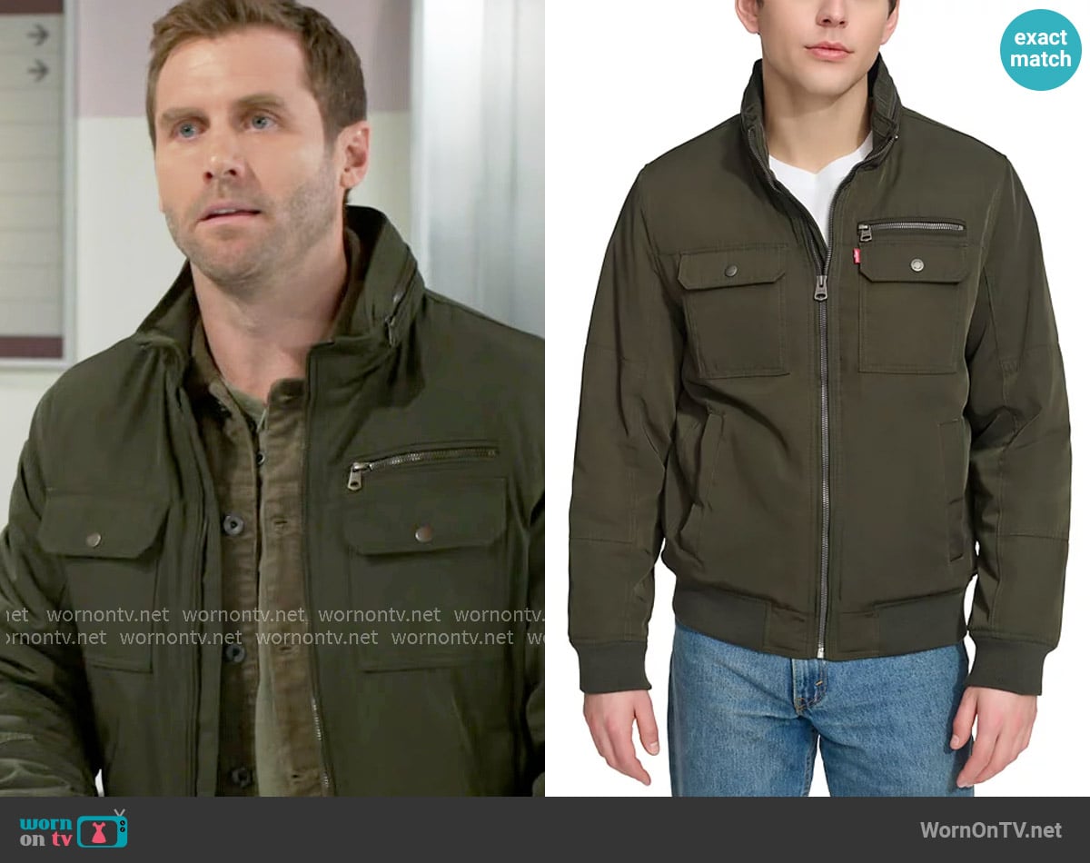 Levis Twill Stand-Collar Jacket in Army Green worn by Derek Baldwin (Ben Gavin) on Beyond the Gates