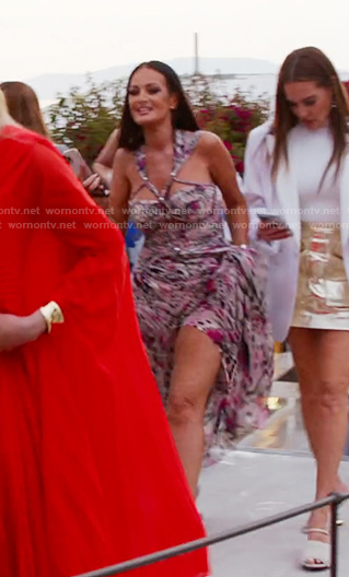 Lisa’s pink printed strappy maxi dress on The Real Housewives of Salt Lake City