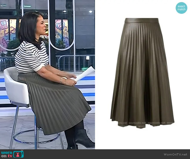 LK Bennett Laurie Pleated Faux Leather Midi Skirt in Olive Green worn by Laura Jarrett on Today