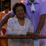 Lucretia’s white floral print blouse on The Upshaws