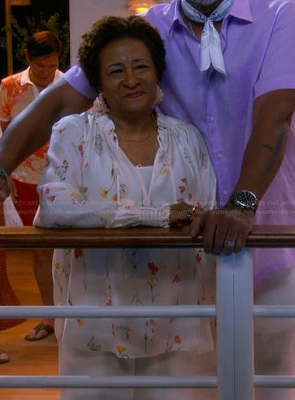 Lucretia’s white floral print blouse on The Upshaws