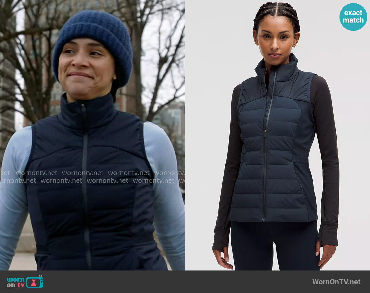 Lululemon Down for It All Vest in True Navy worn by Stella Kidd (Miranda Rae Mayo) on Chicago Fire