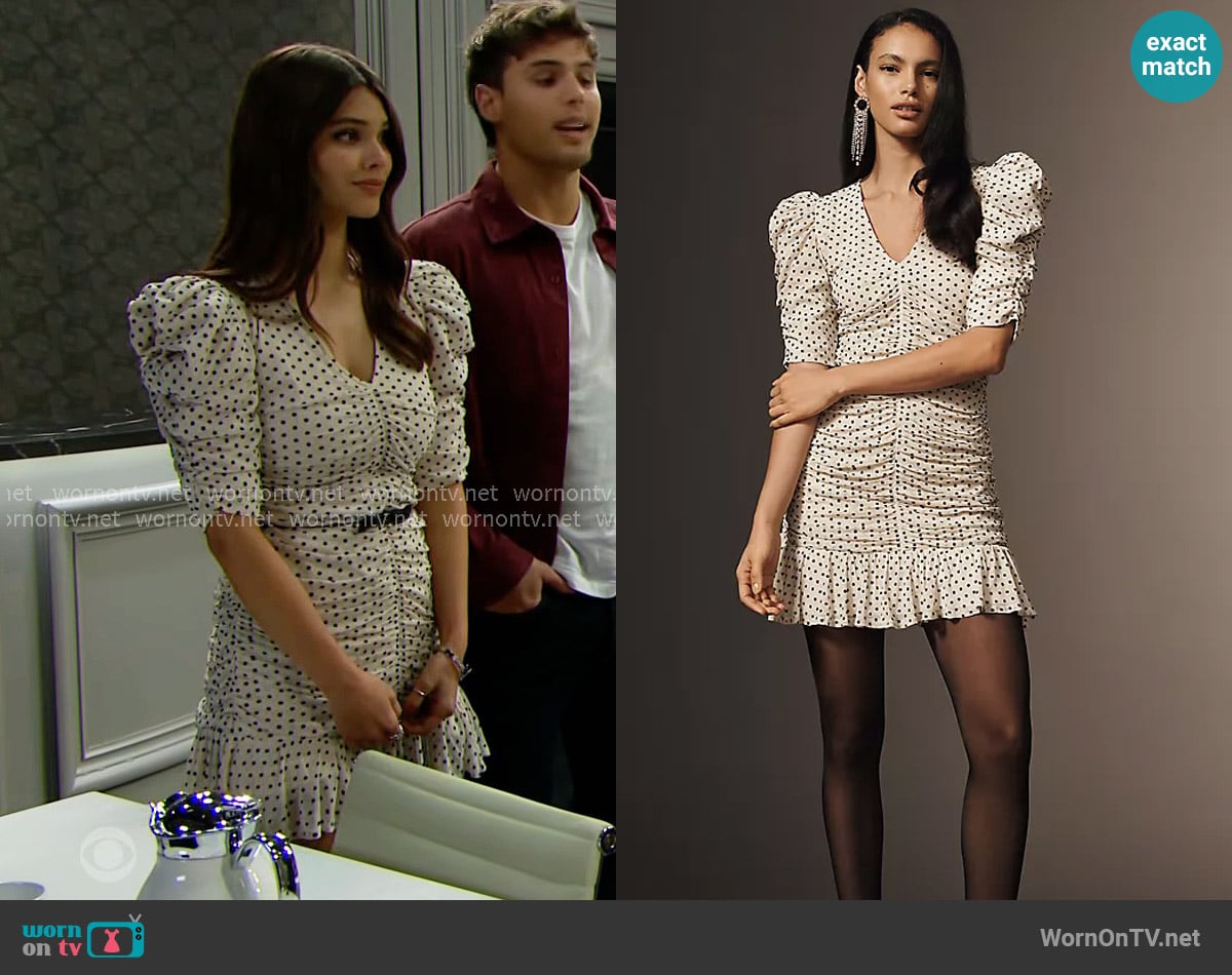 Maeve Puff-Sleeve Ruched Mesh Polka Dot Mini Dress worn by Electra Forrester (Laneya Grace) on The Bold and the Beautiful