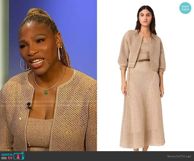 Maje Rhinestone Knit Cardigan in Nude worn by Serena Williams on Access Hollywood