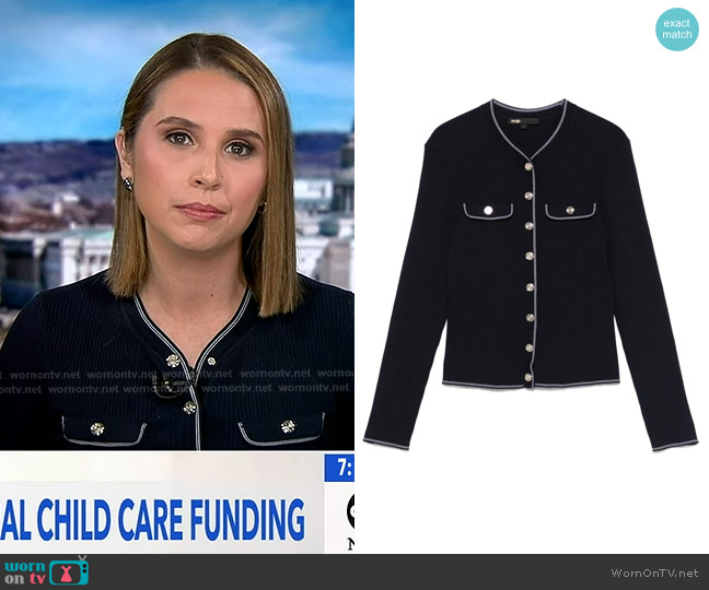Maje Ribbed Knit Cardigan in Navy worn by Elizabeth Schulze on Good Morning America
