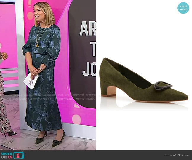 Manolo Blahnik Fenix 50 Buckled Suede Pumps in Dark Green worn by Jenna Bush Hager on Today
