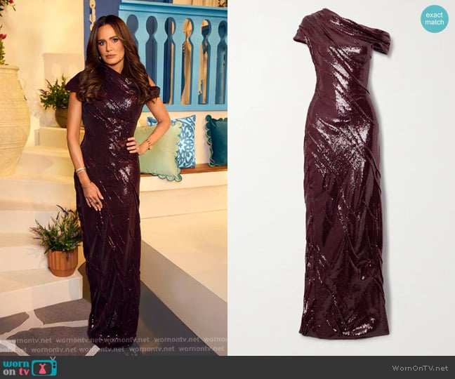 Marmar Halim One-shoulder Ruched Sequined Crepe Gown in Burgundy worn by Meredith Marks on The Real Housewives of Salt Lake City