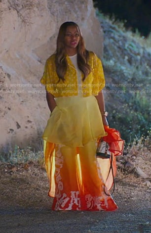 Mary’s yellow polka dot crop shirt and print flare pants on The Real Housewives of Salt Lake City