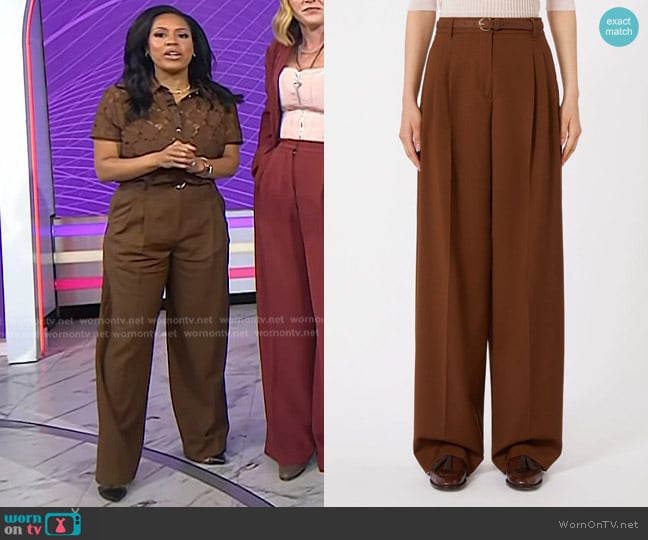 Max Mara Flowing wool trousers in Chocolate worn by Sheinelle Jones on Today