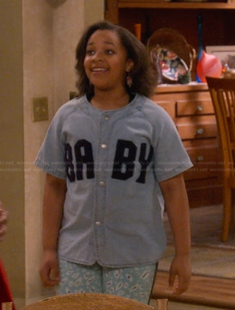 Maya’s denim button front top on The Upshaws