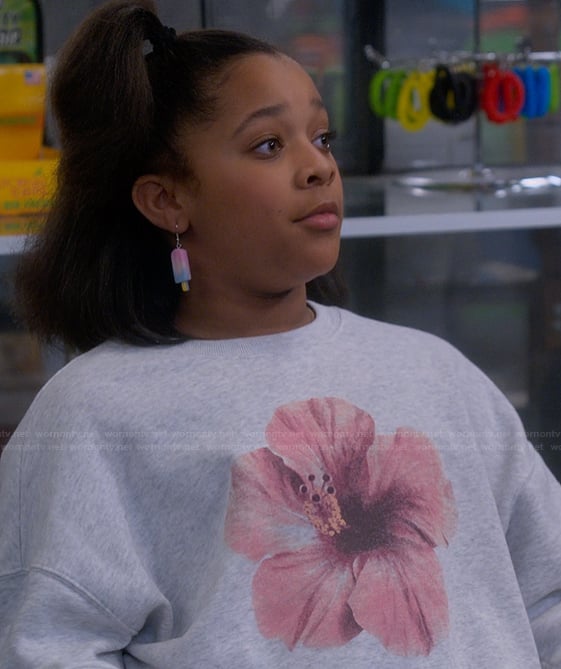 Maya’s gray flower print sweatshirt on The Upshaws