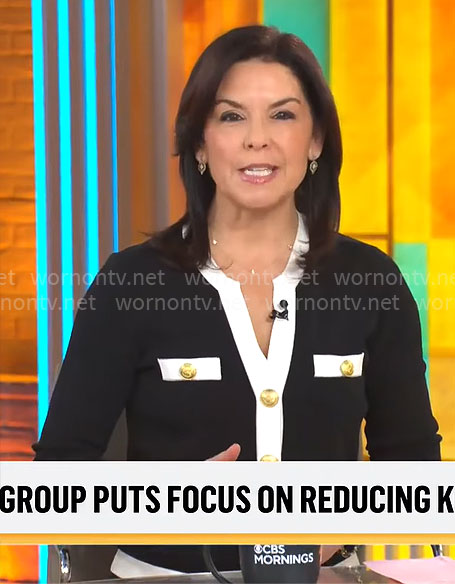Meg Oliver’s black and white cardigan with gold buttons on CBS Mornings