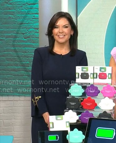 Meg Oliver’s navy chain sleeve dress on CBS Mornings