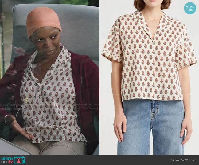 Melrose and Market Camp Shirt in Ivory- Pink Sienna Black Print worn by Katie Rogers (Samantha Marie Ware) on Greys Anatomy