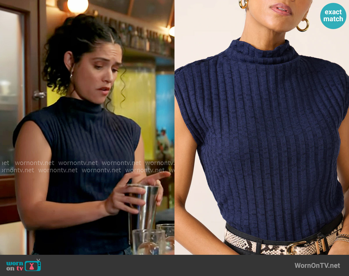 Michael Stars Nara Mock Neck Top in Nocturnal worn by Stella Kidd (Miranda Rae Mayo) on Chicago Fire