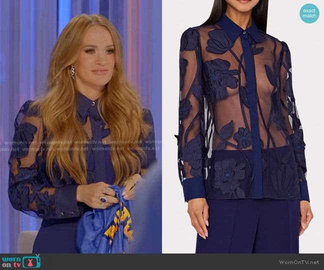 Milly Ashton Grand Fleur Appliqué Sheer Button-Up Shirt in Navy worn by Carrie Underwood on American Idol