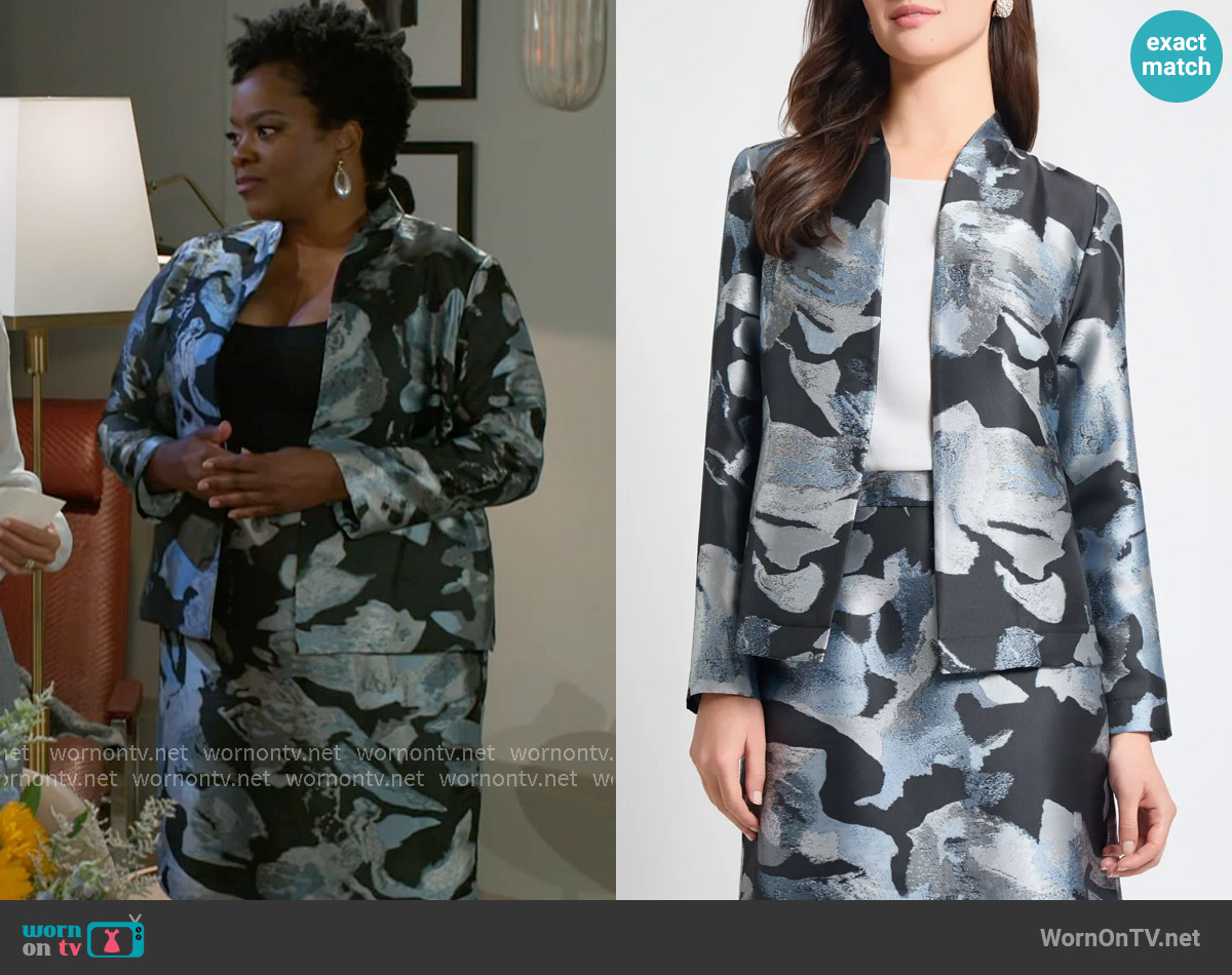 Ming Wang Heritage Fit Floral Jacquard Jacket worn by Mona Wilson (Karan Kendrick) on Beyond the Gates