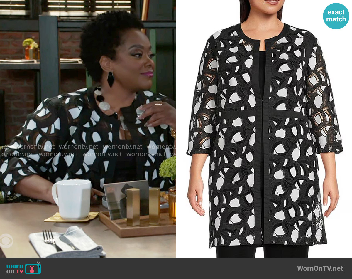 Ming Wang Two-Tone Lace Round Neck 3/4 Sleeve Jacket worn by Mona Wilson (Karan Kendrick) on Beyond the Gates