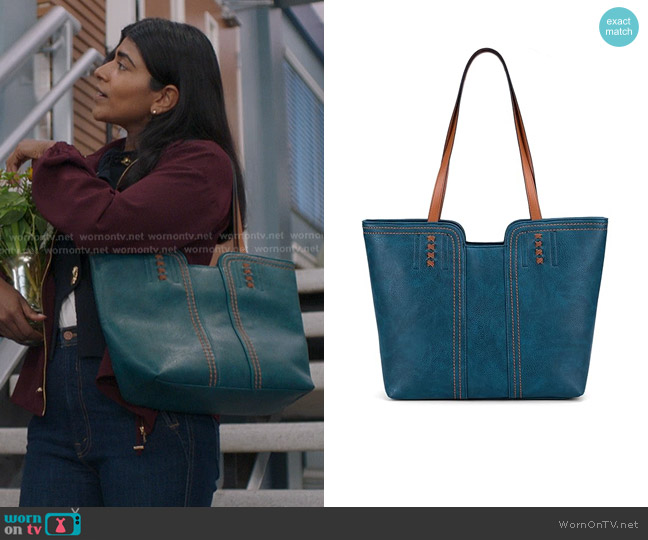Montana West Leather Tote Bag in Teal Blue worn by Kavita Mohanty (Anita Kalathara) on Greys Anatomy