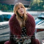 Morgan’s polka dot mesh top, printed skirt and red fur collar jacket on High Potential