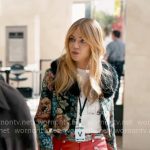 Morgan’s graphic tee, floral jacket, and red leather mini skirt on High Potential