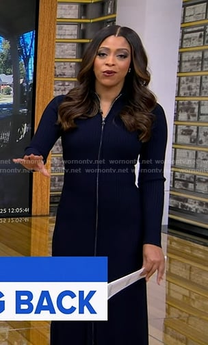 Morgan’s navy ribbed zip front dress on Good Morning America