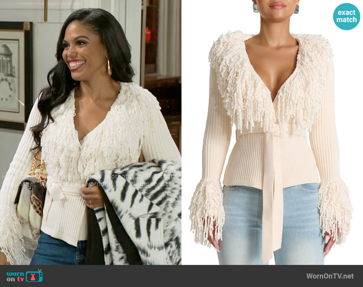 Naked Wardrobe Fringe Tie Waist Chenille Cardigan in Bone worn by Dani Dupree (Karla Mosley) on Beyond the Gates