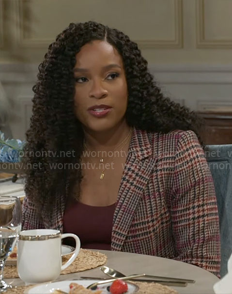 Naomi’s burgundy plaid blazer on Beyond the Gates