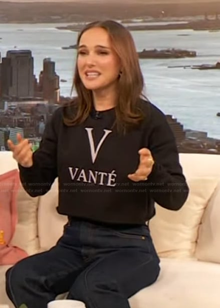 Natalie Portman’s black Vante sweatshirt on The Drew Barrymore Show
