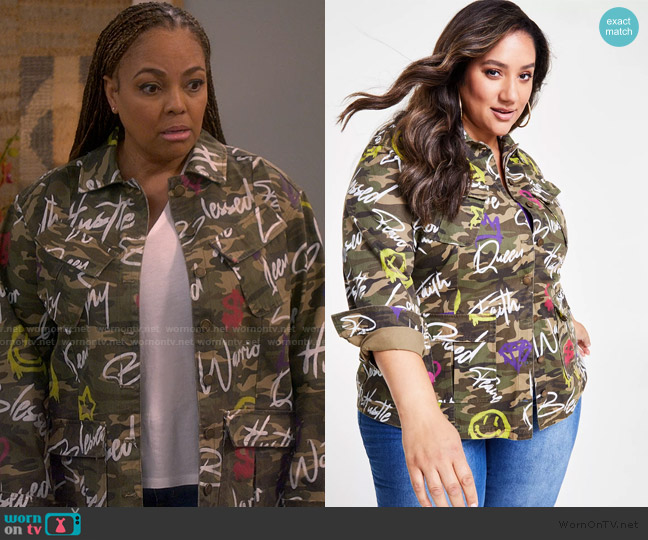 Nina Parker Cotton Camouflage Affirmation Button-Front Jacket worn by Regina Upshaw (Kim Fields) on The Upshaws