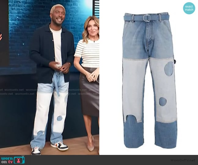 Off White Meteor Cutout Patch Straight Carpenter Jeans worn by Scott Evans on Access Hollywood