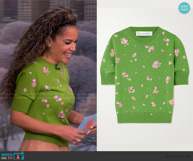 Oscar de la Renta Floral crystal and sequin-embellished wool sweater worn by Sunny Hostin on The View