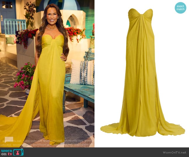 Oscar de la Renta Strapless Chiffon Gown in Citrine worn by Britani Bateman on The Real Housewives of Salt Lake City