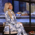 Paris Hilton’s blue paisley print blazer and pants on Live with Kelly and Mark