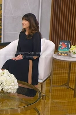 Paula McLain’s navy pleated dress on Good Morning America