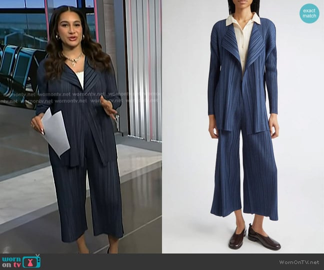 Pleats Please Issey Miyake Mellow Pleated Crop Pants in Navy worn by Morgan Radford on NBC News Daily