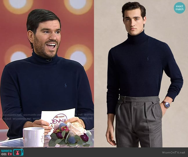 Polo Ralph Lauren Wool Turtleneck Sweater in Hunter Navy worn by Danny Murphy on Today