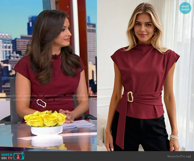 Pretty Garden Cap Sleeve Mock Neck Top in Burgundy worn by Hanna Battah on Good Morning America