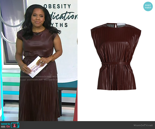 Proenza Schouler White Label Lyra Pleated Faux Leather Top in Oxblood worn by Sheinelle Jones on Today
