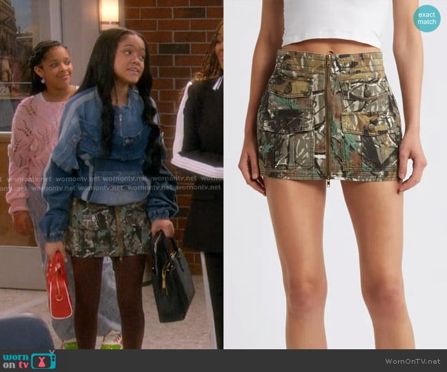 Ptcl Front Zip Cargo Miniskirt in Forest Camo worn by Aaliyah Upshaw (Khali Spraggins) on The Upshaws