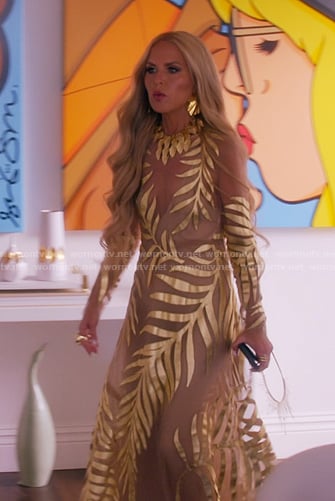 Rachel’s gold leaf sheer maxi dress on The Real Housewives of Beverly Hills