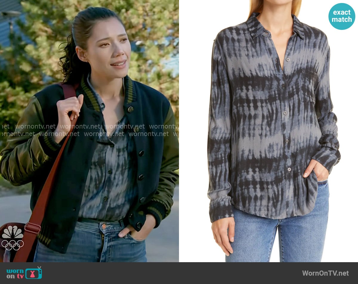 Rails Hunter Shirt in Black Tie Dye worn by Violet Mikami (Hanako Greensmith) on Chicago Fire