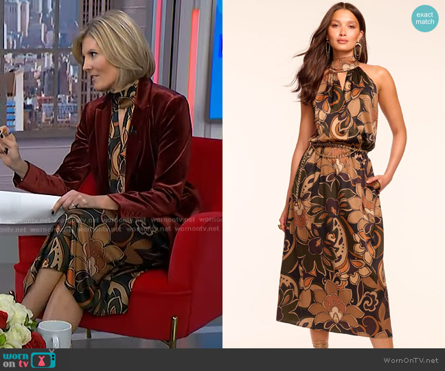 Ramy Brook Grace Printed Silk Halter Midi Dress worn by Kate Snow on NBC News Daily