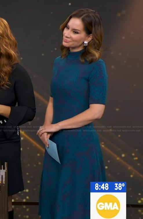 Rebecca’s blue paisley knit midi dress on Good Morning America