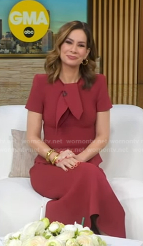 Rebecca’s burgundy tie neck dress on Good Morning America