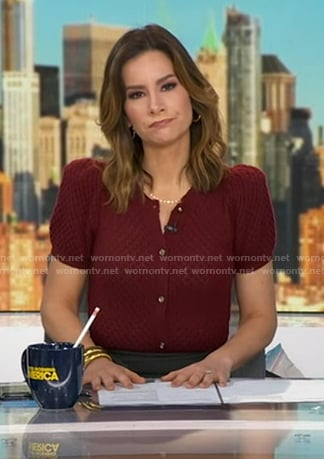 Rebecca’s red puff sleeve cardigan on Good Morning America