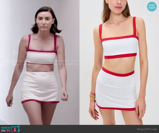 Reformation Adelina Ecomove Two Piece Set in White Red worn by Bronwyn Newport on The Real Housewives of Salt Lake City