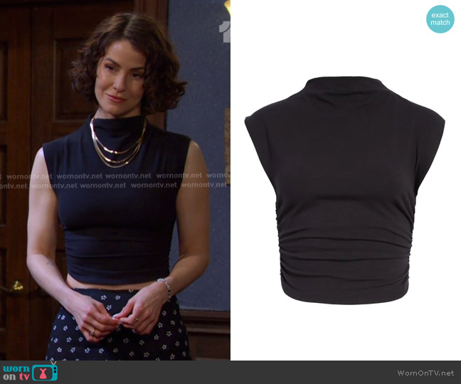 Reformation Lindy Ruched Crop Top in Black worn by Sarah Horton (Linsey Godfrey) on Days of our Lives