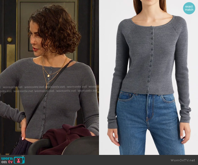 Reformation Meadow Wool Crop Cardigan in Mid Grey worn by Sarah Horton (Linsey Godfrey) on Days of our Lives