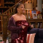 Regina’s burgundy sequin strapless dress on The Upshaws